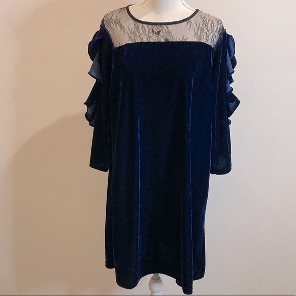 Umgee Blue Velvet Ruffle-Sleeve Semi-Formal Dress - Picture 3 of 6